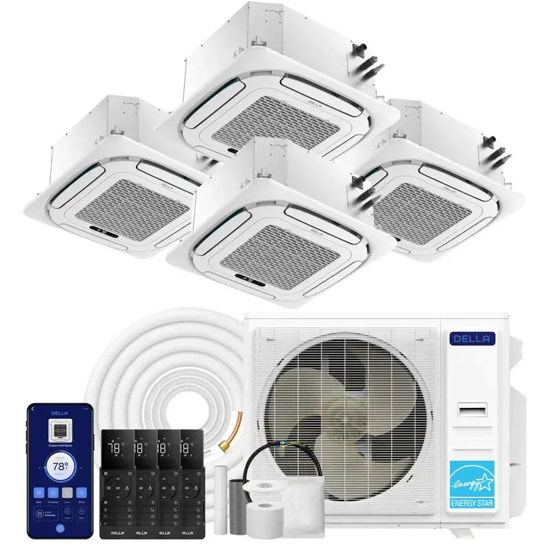 DELLA 42000 BTU Quad-Zone Ceiling Cassette Mini Split AC (9K+9K+12K+24K) - Up to 2850 Sq.Ft.