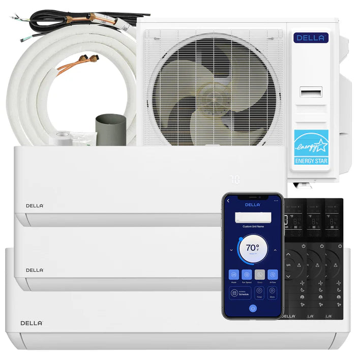 Della Optima Series 36000 BTU Tri-Zone Mini Split AC with R-454B (9K+9K+18k) – Up to 1800 Sq.Ft.