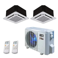 21,000 BTU 22 SEER2 ACiQ 2-Zone Ceiling Cassette Mini Split System w/ Extreme Heat - 9+12 - ACIQ-18Z-HH-M2B / ACIQ-09CC-HH-MB / ACIQ-12CC-HH-MB  Mini Split Systems Direct