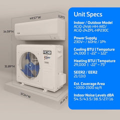 24,000 BTU 21.5 SEER ACiQ Extreme Series Single Zone Wall Mount Mini Split System - WiFi Enabled - R454B - ACIQ-24W-HH-MD / ACiQ-24ZPL-HP230C  Mini Split Systems Direct