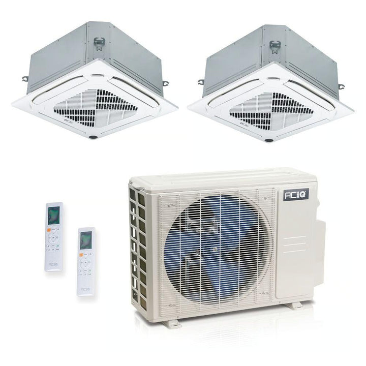 27,000 BTU 25 SEER2 ACiQ Standard 2-Zone Ceiling Cassette Mini Split System | R454B | 230v - 18+18 - ES-27Z-M4C / ACIQ-18CC-HH-MC-2  Mini Split Systems Direct