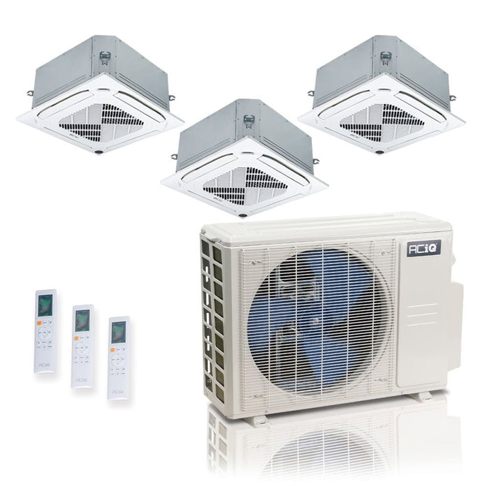 27,000 BTU 25 SEER2 ACiQ Standard 3-Zone Ceiling Cassette Mini Split System | R454B | 230v - 9+9+18 - ES-27Z-M4C / ACIQ-09CC-HH-MC-2 / ACIQ-18CC-HH-MC  Mini Split Systems Direct