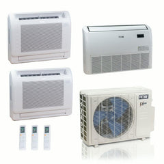 27,000 BTU ACIQ Extreme 23 SEER2 Tri Zone Floor Mount Mini Split Heat Pump System - R454B | 230V - 9 + 9 + 18 - ACIQ-27Z-HH-M4C / ACIQ-09FM-HH-MD-2 / ACIQ-18FM-HH-MD  Mini Split Systems Direct