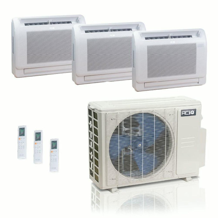 27,000 BTU ACIQ Standard 25 SEER2 Tri Zone Floor Mount Mini Split Heat Pump System - R454B | 230V - 9 + 9 + 12 - ES-27Z-M4C / ACIQ-09FM-HH-MD-2 / ACIQ-12FM-HH-MD  Mini Split Systems Direct
