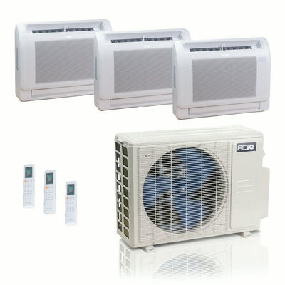 27,000 BTU ACIQ Standard 25 SEER2 Tri Zone Floor Mount Mini Split Heat Pump System - R454B | 230V - 9 + 9 + 12 - ES-27Z-M4C / ACIQ-09FM-HH-MD-2 / ACIQ-12FM-HH-MD  Mini Split Systems Direct