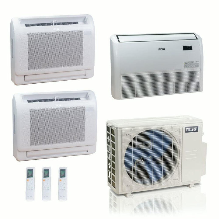36,000 BTU ACIQ Standard 24 SEER2 Tri Zone Floor Mount Mini Split Heat Pump System - R454B | 230V - 9 + 9 + 18 - ES-36Z-M5C / ACIQ-09FM-HH-MD-2 / ACIQ-18FM-HH-MD  Mini Split Systems Direct