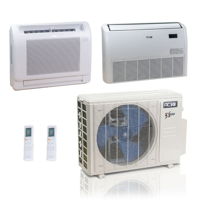 27,000 BTU ACiQ Extreme 23 SEER2 Dual Zone Floor Mount Mini Split Heat Pump System - R454B | 230V - 12 + 24 - ACiQ-27Z-HH-M4C / ACIQ-12FM-HH / ACIQ-24FM  Mini Split Systems Direct