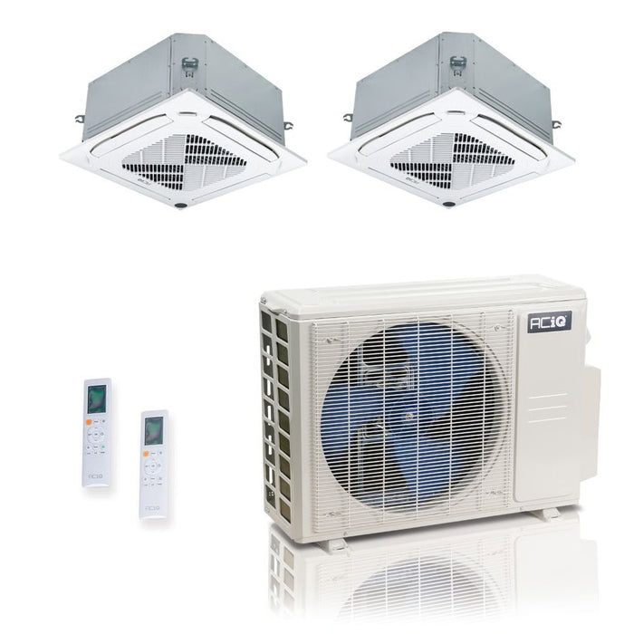 27,000 BTU ACiQ Standard 25 SEER2 Dual Zone Ceiling Cassette Mini Split Heat Pump System - R454B | 230V - 12 + 12 - ES-27Z-M4C / ACIQ-12CC-HH-MC-2  Mini Split Systems Direct