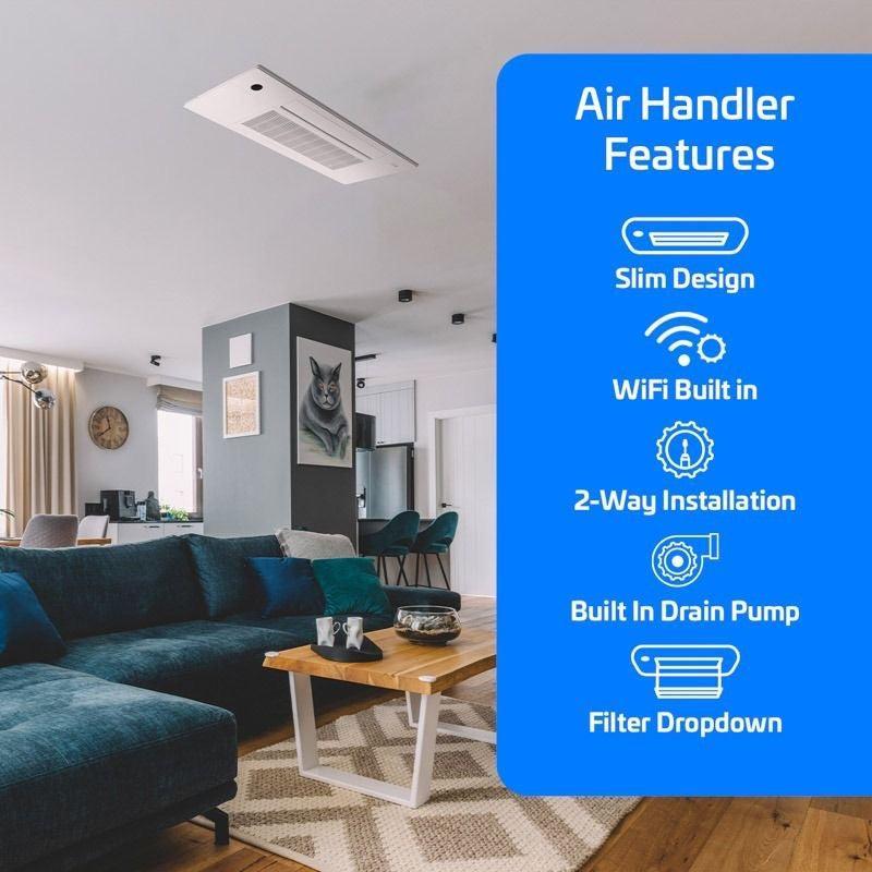 27,000 BTU ACiQ Standard 25 SEER2 Dual Zone Slim Ceiling Casette Mini Split Heat Pump System - R454B | 230V - 9 + 18