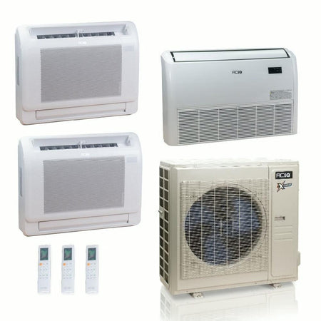 36,000 BTU ACIQ Extreme 23 SEER2 Tri Zone Floor Mount Mini Split Heat Pump System - R454B | 230V - 9 + 9 + 18 - ACIQ-36Z-HH-M5C / ACIQ-09FM-HH-MD-2 / ACIQ-18FM-HH-MD  Mini Split Systems Direct