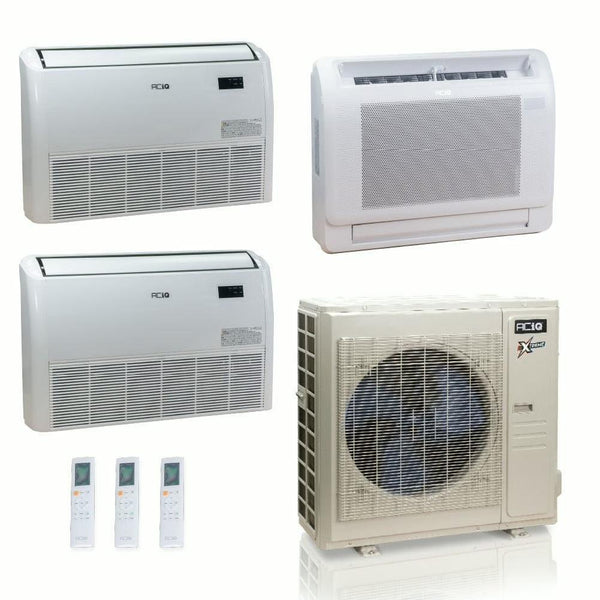 36,000 BTU ACIQ Extreme 23 SEER2 Tri Zone Floor Mount Mini Split Heat Pump System - R454B | 230V - 9 + 18 + 18 - ACIQ-36Z-HH-M5C / ACIQ-09FM-HH-MD / ACIQ-18FM-HH-MD-2  Mini Split Systems Direct