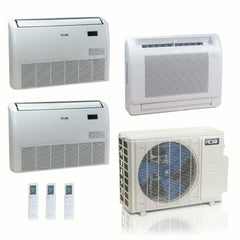 36,000 BTU ACIQ Standard 24 SEER2 Tri Zone Floor Mount Mini Split Heat Pump System - R454B | 230V - 12 + 18 + 18 - ES-36Z-M5C / ACIQ-12FM-HH-MD / ACIQ-18FM-HH-MD-2  Mini Split Systems Direct