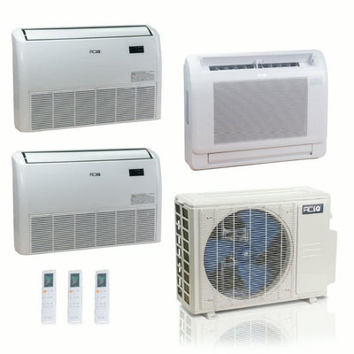 36,000 BTU ACIQ Standard 24 SEER2 Tri Zone Floor Mount Mini Split Heat Pump System - R454B | 230V - 12 + 18 + 18 - ES-36Z-M5C / ACIQ-12FM-HH-MD / ACIQ-18FM-HH-MD-2  Mini Split Systems Direct