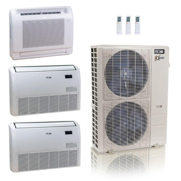 48,000 BTU ACIQ Extreme 23 SEER2 Tri Zone Floor Mount Mini Split Heat Pump System - R454B | 230V - 12 + 18 + 18 - ACIQ-48Z-HH-M6C / ACIQ-12FM-HH-MD / ACIQ-18FM-HH-MD-2  Mini Split Systems Direct