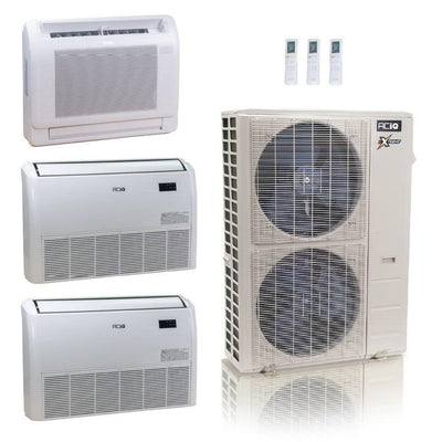 55,000 BTU ACIQ Extreme 22.2 SEER2 Tri Zone Floor Mount Mini Split Heat Pump System - R454B | 230V - 9 + 18 + 18 - ACIQ-55Z-HH-M6C / ACIQ-09FM-HH-MD / ACIQ-18FM-HH-MD-2  Mini Split Systems Direct
