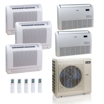 55,000 BTU ACiQ Standard 22 SEER2 5 Zone Floor Mount Mini Split Heat Pump System - R454B | 230V - 12 + 12 + 12 + 18 + 18 - ES-55Z-M6C / ACIQ-12FM-HH-MD-3 / ACIQ-18FM-HH-MD-2  Mini Split Systems Direct
