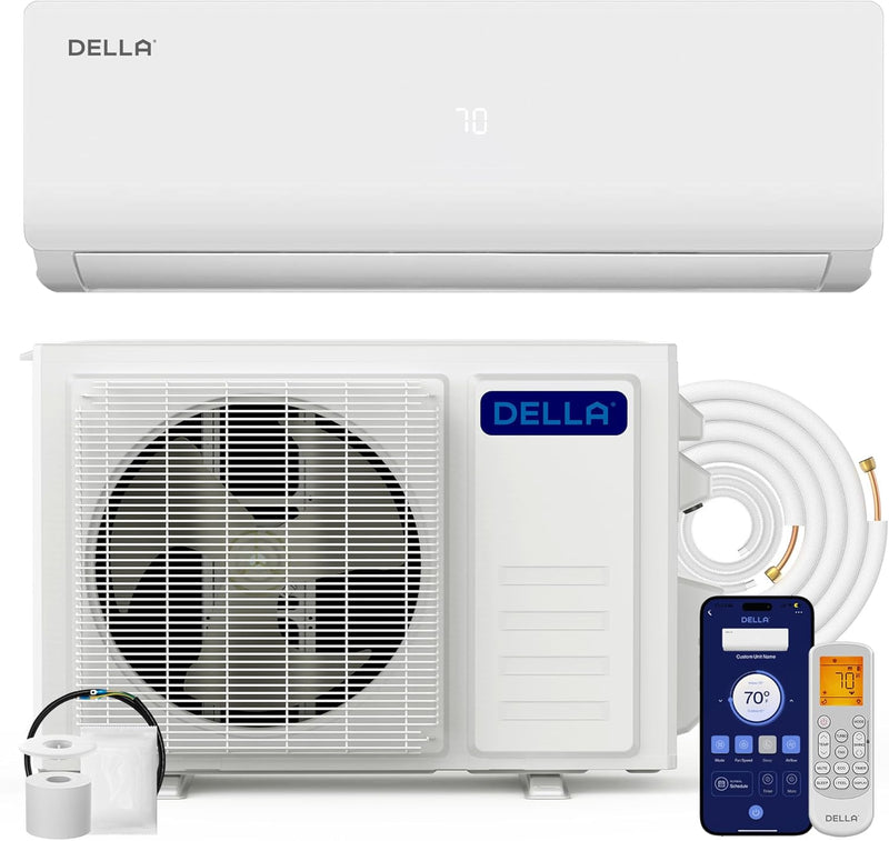 DELLA Versa Series 12000 BTU Mini Split Air Conditioner Work with Alexa with 1 Ton Pre-Charged Heat Pump Ductless Inverter System, 19 SEER2, Cools Up to 550 Sq. Ft,16.4ft installation kit included - 230V