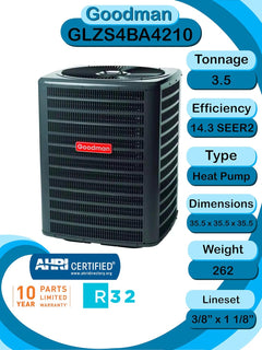 Goodman 3.5 Ton 15.2 SEER2 Multi-Position R-32 Heat Pump System with Air Handler (GLZS4BA4210 Condenser and AMST42CU1300 Air Handler)