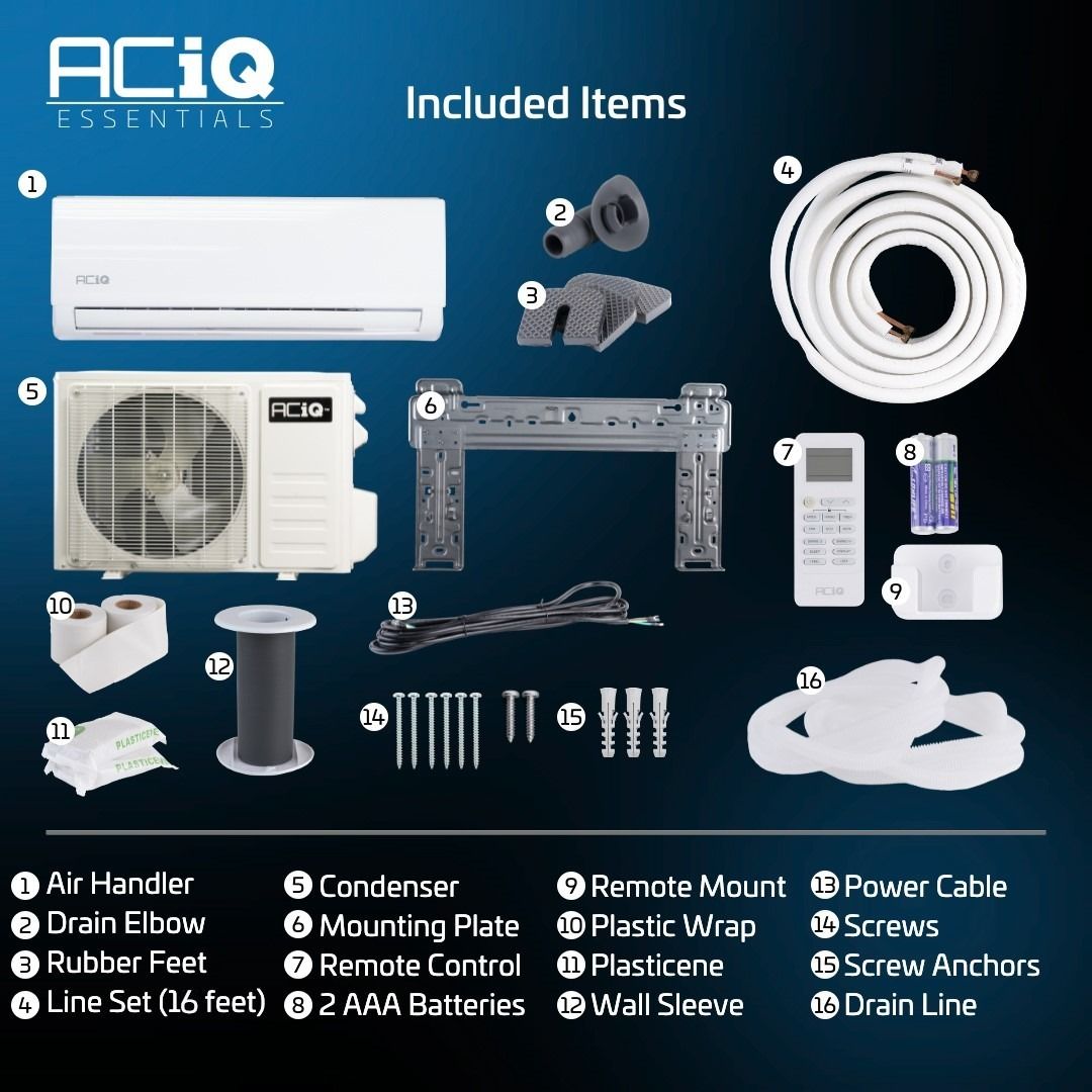 9,000 BTU ACiQ Essentials 19 SEER2 Single Zone Wall Mounted Mini Split Heat Pump System - R454B | White | 115V - ACiQ-K09Z-HP115B / ACiQ-K09W-W-HP115B  Mini Split Systems Direct