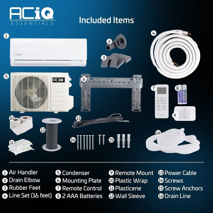 9,000 BTU ACiQ Essentials 19 SEER2 Single Zone Wall Mounted Mini Split Heat Pump System - R454B | White | 115V - ACiQ-K09Z-HP115B / ACiQ-K09W-W-HP115B  Mini Split Systems Direct