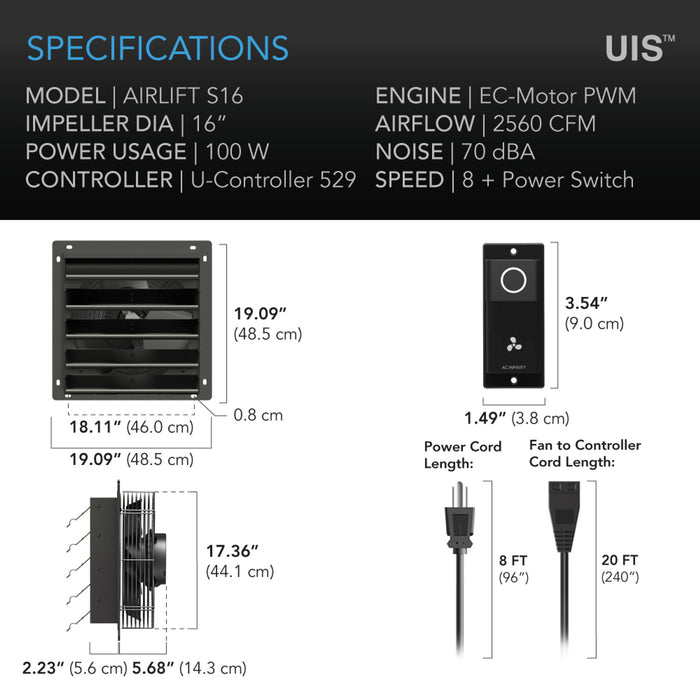 AC Infinity AIRLIFT S16, Shutter Exhaust Ventilation Fan 16”, Speed Controller - AC-ALS16  Mini Split Systems Direct