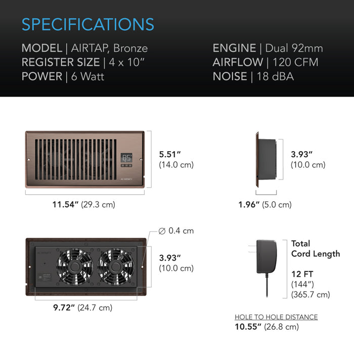 AC Infinity AIRTAP T4, Quiet Register Booster Fan System, Brown Bronze, for 4” X 10” Registers - AC-RBF4-B  Mini Split Systems Direct