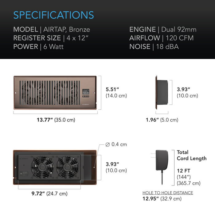 AC Infinity AIRTAP T4, Quiet Register Booster Fan System, Brown Bronze, for 4” X 12” Registers - AC-RBF42-B  Mini Split Systems Direct