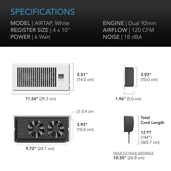 AC Infinity AIRTAP T4, Quiet Register Booster Fan System, White, for 4” X 10” Registers - AC-RBF4-W  Mini Split Systems Direct
