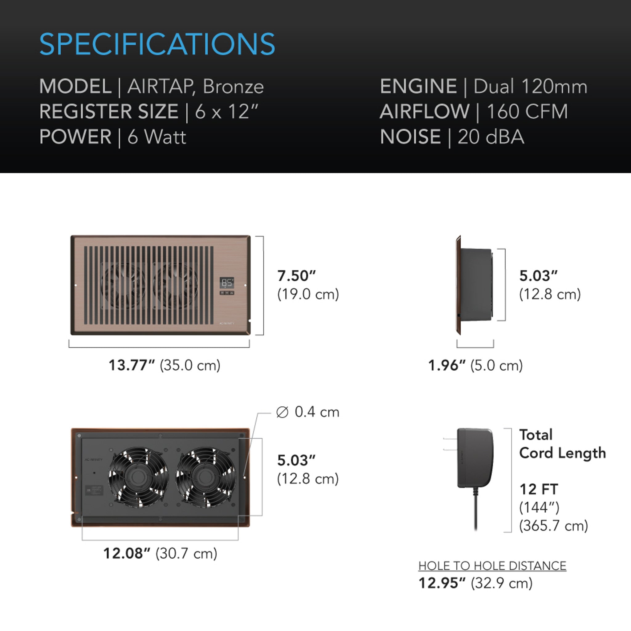 AC Infinity AIRTAP T6 Quiet Register Booster Fan System Bronze for 6” X 12” Registers - Thumbnail 3