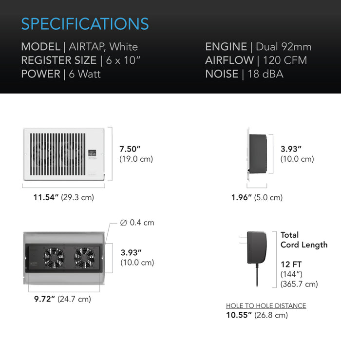 AC Infinity AIRTAP T6, Quiet Register Booster Fan System, White, for 6” X 10” Registers - AC-RBF6-W  Mini Split Systems Direct