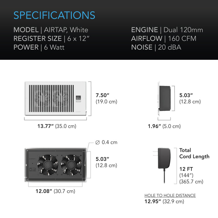 AC Infinity AIRTAP T6, Quiet Register Booster Fan System, White, for 6” X 12” Registers - AC-RBF62-W  Mini Split Systems Direct