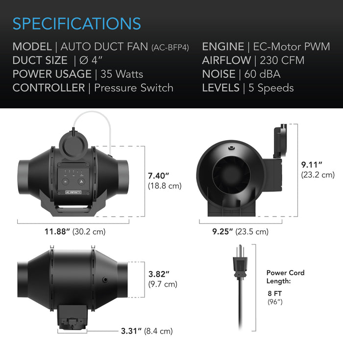 AC Infinity Automatic Booster Duct Fan, Inline Fan With Pressure Switch, 4-Inch - AC-BFP4  Mini Split Systems Direct