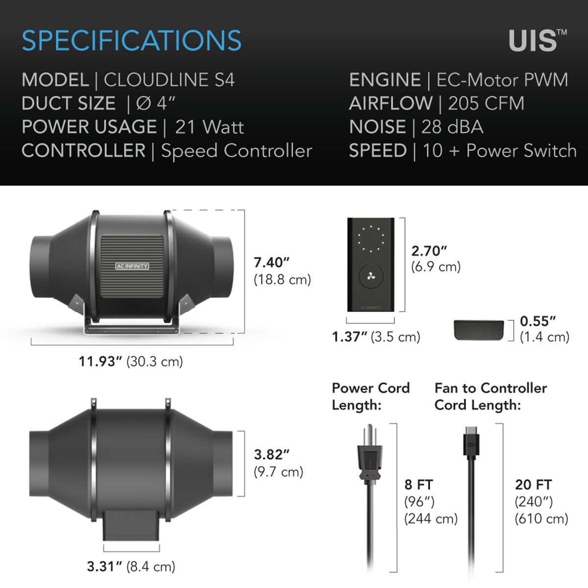 AC Infinity CLOUDLINE PRO S4, Quiet Inline Duct Fan System With Speed Controller, 4-Inch - AI-CLS4  Mini Split Systems Direct