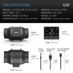 AC Infinity CLOUDLINE PRO T6, Quiet Inline Duct Fan System With Temperature Humidity Vpd Controller, 6-Inch
