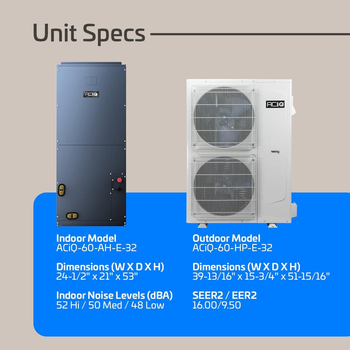 ACiQ Essentials 5 Ton 16 SEER2 High Efficiency Central Heat Pump Split System - R32 Inverter - Upflow/Horizontal-Left - ACIQ-60-HP-E-32 / ACIQ-60-AH-E-32  Mini Split Systems Direct