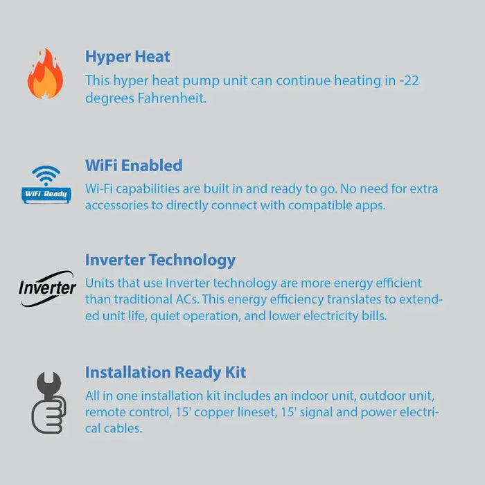 Air-Con Blue Hyper 12000 BTU 24 SEER Hyper Heat Mini Split Air Conditioner 15ft Lineset & Wiring - ABHCI4H4S12 / ABHEM4H4S12-ABHCI4H4S12 / ABHEM4H4S125  Mini Split Systems Direct