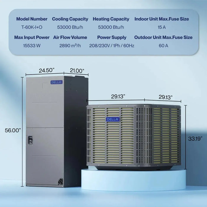 DELLA 4.41 Ton 53,000 BTU 17 SEER2 Central Ducted Two-Stage Inverter Heat Pump Split System - Multi-Position - R-454B - T-60K-I+O  Mini Split Systems Direct