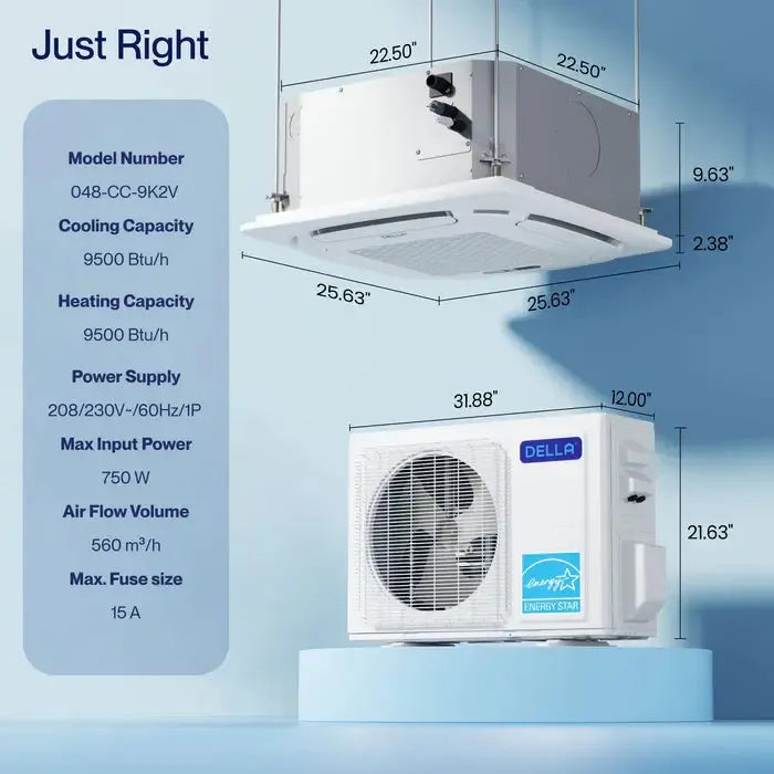 DELLA 9,500 BTU 23 SEER2 Ceiling Cassette Ductless Mini Split AC - Up to 200 Sq.Ft.