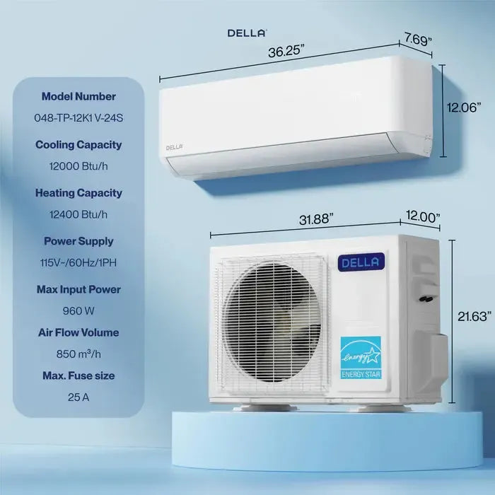 DELLA Optima Series 12000 BTU 23 SEER2 Ultra Heat Mini-Split AC (R-454B) - Up to 550 Sq.Ft. - 048-TP-12K1V-23S-I+O  Mini Split Systems Direct