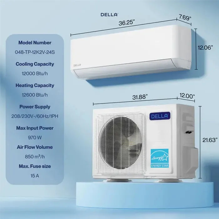 DELLA Optima Series 12000 BTU 24 SEER2 Ultra Heat Mini-Split AC - Up to 550 Sq.Ft. - 048-TP-12K2V-24S-I+O  Mini Split Systems Direct