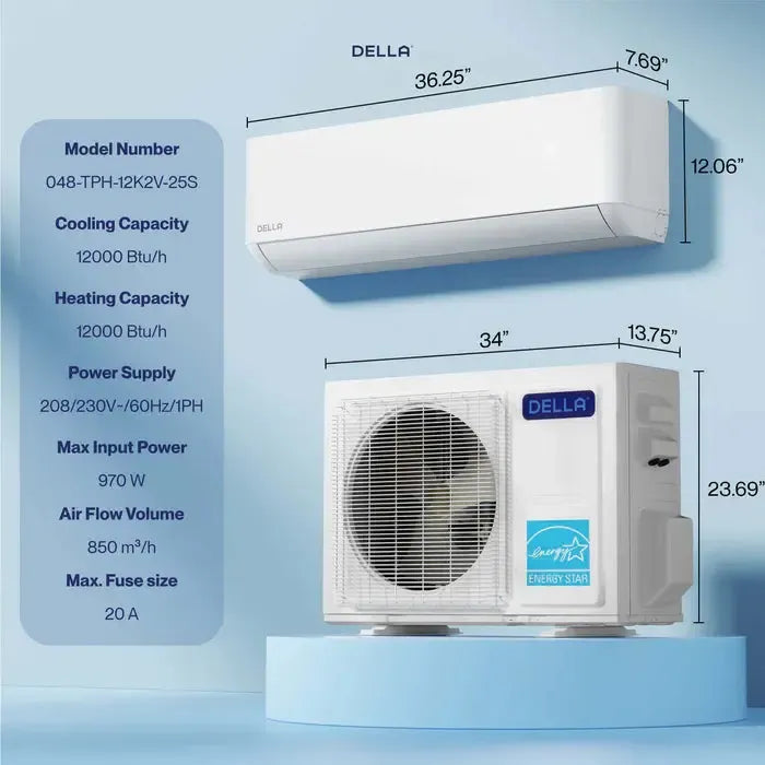 DELLA Optima Series 12000 BTU 25 SEER2 Ultra Hyper Heat Mini-Split AC - Up to 550 Sq.Ft. - TPH-12K2V-25S-I+O  Mini Split Systems Direct