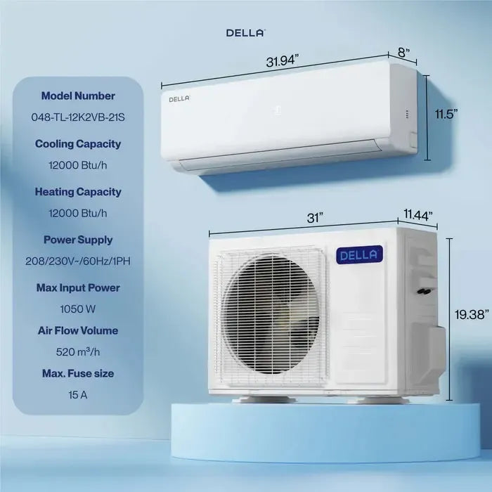 Della Vario Series 12000 BTU SEER2 23 Mini-Split Heat Pump AC with 16 ft Installation Kit - Up to 550 Sq.Ft. - TL-12K2VB-23S-I+O  Mini Split Systems Direct