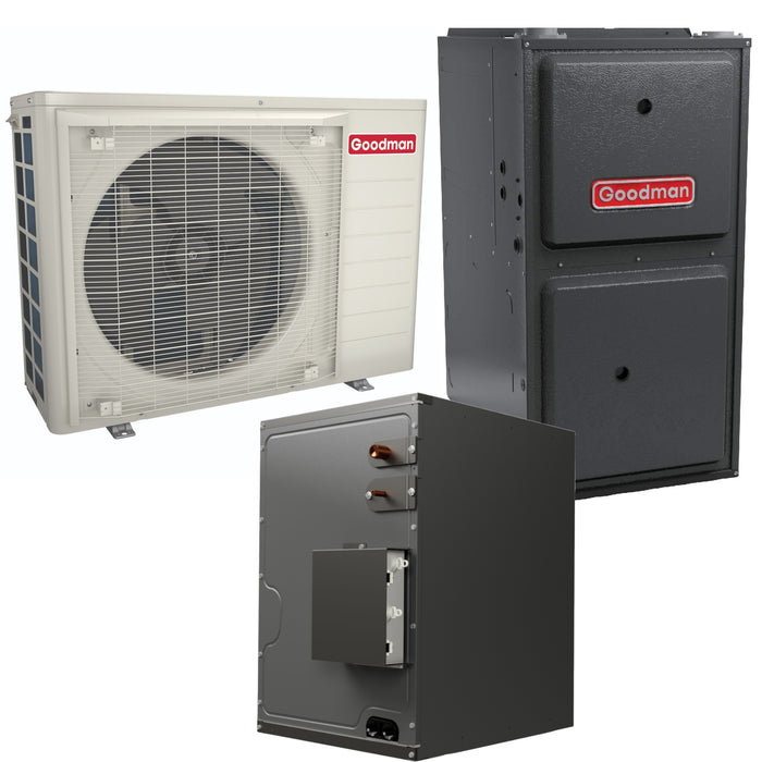 Goodman | 2 Ton | 18.0 SEER2 | R-32 | Dual Fuel System | GZV6SA2410 + CAPEA3022B3 + GRVM970803BN | 17-1/2" Cabinet Width | Upflow/Downflow | Coil | 80,000 BTU/h | Upflow/Horizontal | Modulating | Variable-Speed ECM | Natural Gas | Furnace