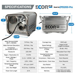 Ecor Pro EPD200 PRO DryFan 200 Pint Stainless Steel Desiccant Dehumidifier - 120V