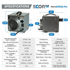 Ecor Pro EPD30 PRO DryFan 30 Pint Stainless Steel Desiccant Dehumidifier