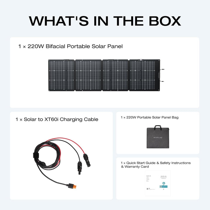 EF ECOFLOW 220W Portable Solar Panel, Bifacial Design Up to 25% Conversion Efficiency N-Type Solar Cell, with Adjustable Kickstand, IP68 Waterproof, Foldable Solar Panel for Camping RVing Home Backup - B09TKM8PBQ  Mini Split Systems Direct