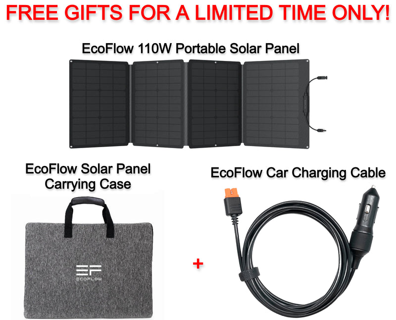 Free EcoFlow 110W Portable Solar Panel + EcoFlow Solar Panel Carrying Case + EcoFlow Car Charging Cable for EcoFlow Power Stations ($349.99 Value)