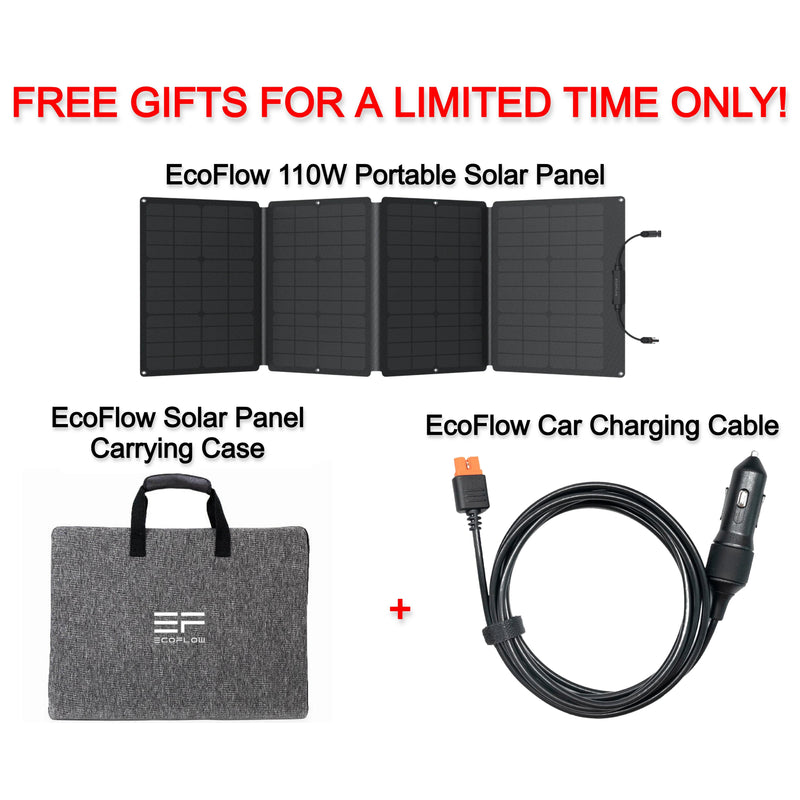 Free EcoFlow 110W Portable Solar Panel + EcoFlow Solar Panel Carrying Case + EcoFlow Car Charging Cable for EcoFlow Power Stations ($349.99 Value)