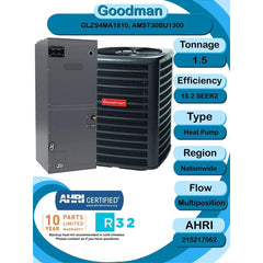 Goodman 1.5 Ton 15.2 SEER2 Multi-Position R-32 Heat Pump System with Air Handler (GLZS4MA1810 Condenser and AMST30BU1300 Air Handler) - GLZS4MA1810 / AMST30BU1300  Mini Split Systems Direct