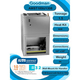 Goodman 1.5 Ton 15 SEER2 R-32 Heat Pump System and Front or Bottom Return Air Handler with 8kW Heat Kit (GLZS4MA1810 Condenser and AWST18SU1308 Wall Mount Air Handler)
